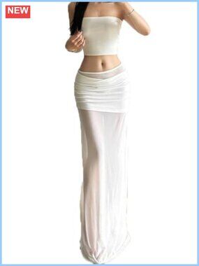 High Waist Ruched Sheer Mesh Maxi Skirt Flowy Beach Party